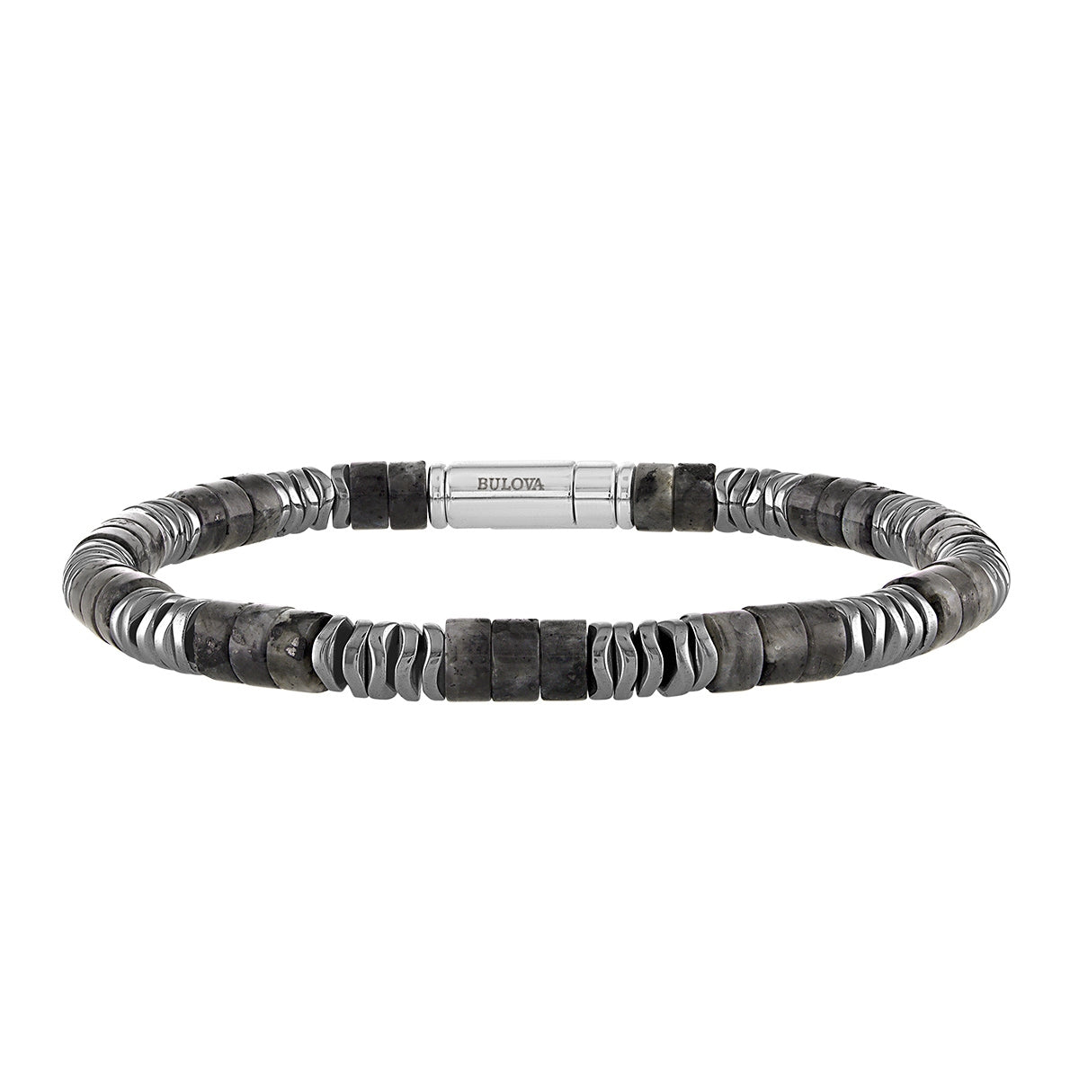 Bulova Men's Labradorite & Hematite Bead Bracelet in Rhodium Plated Sterling Silver