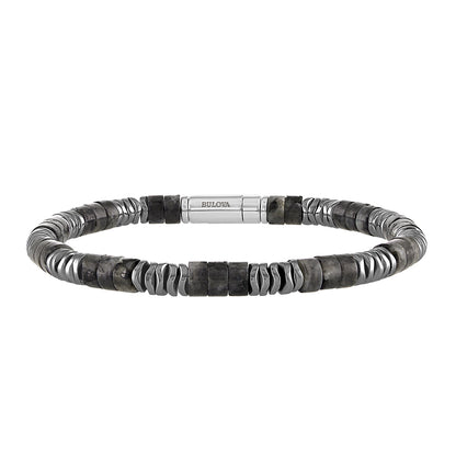 Bulova Men's Labradorite & Hematite Bead Bracelet in Rhodium Plated Sterling Silver