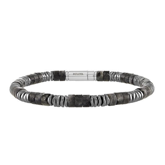 Bulova Men's Labradorite & Hematite Bead Bracelet in Rhodium Plated Sterling Silver