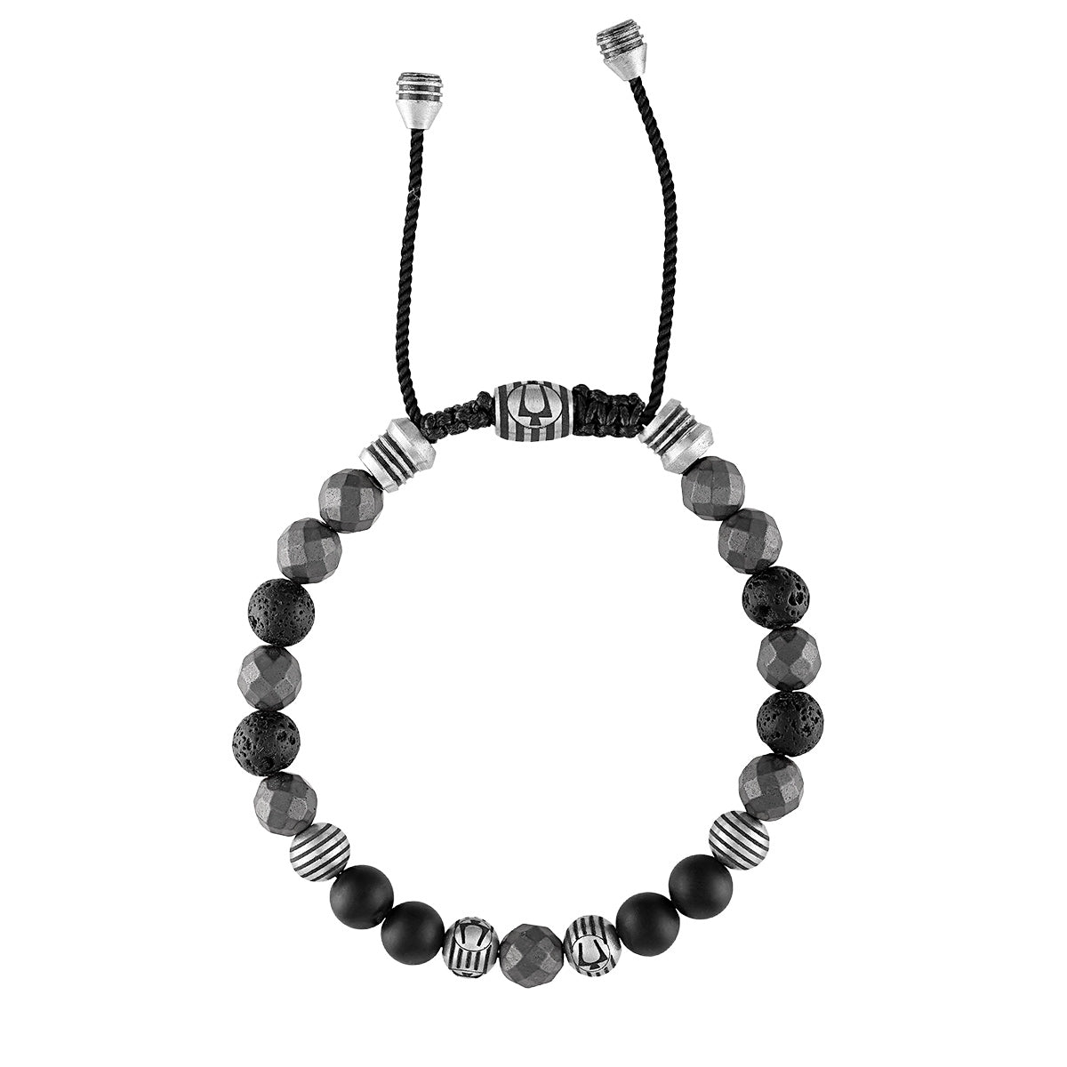 Bulova Men's Onyx, Hematite & Black Lava Bead Adjustable Bracelet in Stainless Steel front view