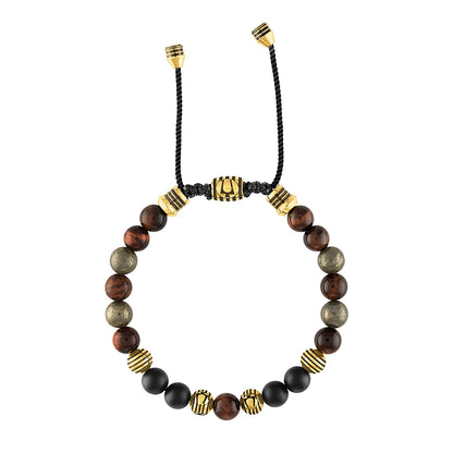 Bulova Men's Tiger's Eye & Onyx Bead Adjustable Bracelet in Gold-Tone Ion Plated Stainless Steel front view