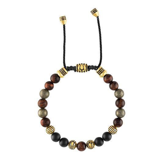 Bulova Men's Tiger's Eye & Onyx Bead Adjustable Bracelet in Gold-Tone Ion Plated Stainless Steel front view