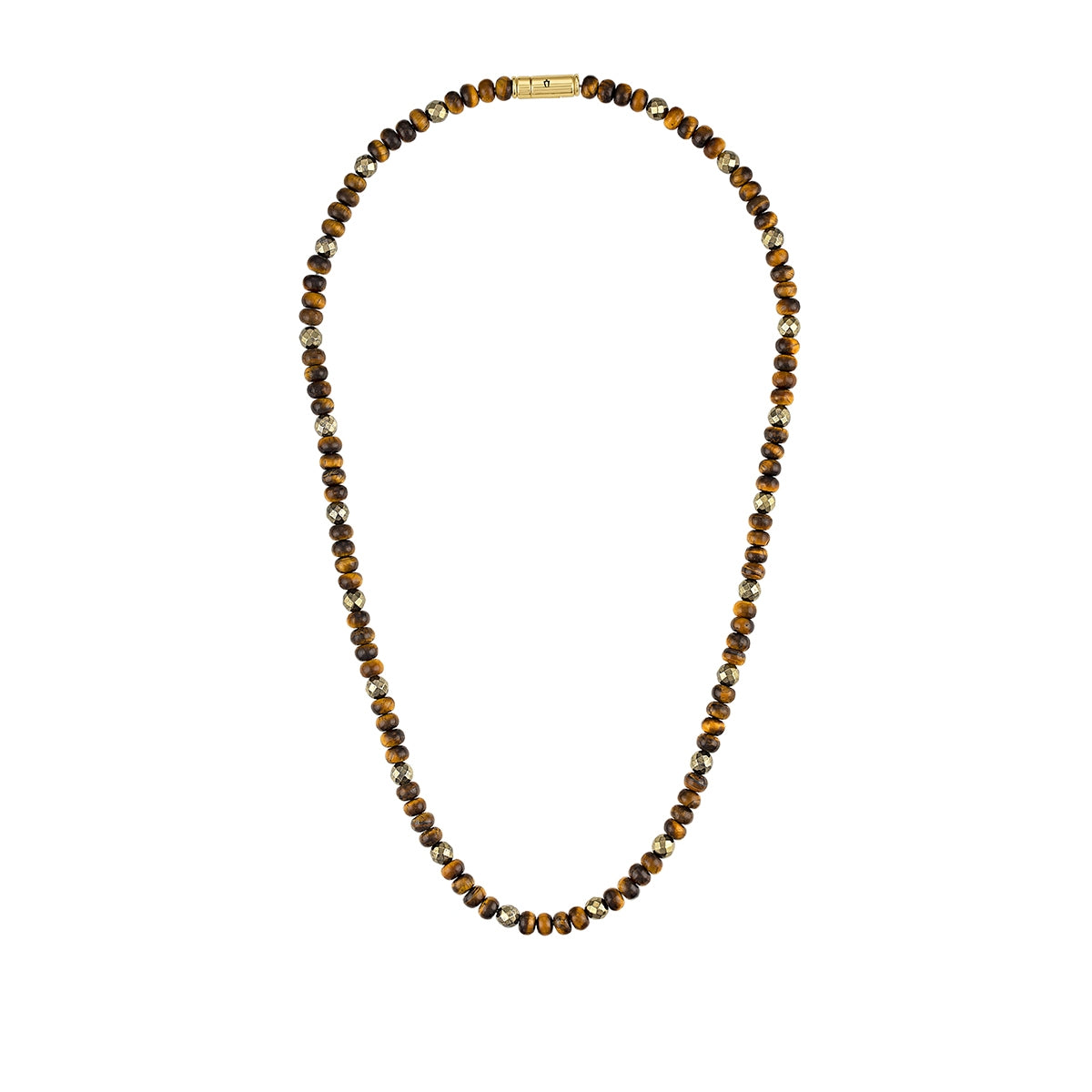 Bulova Men's Tiger's Eye & Pyrite Bead Necklace in 14K Yellow Gold Plated Sterling Silver front view