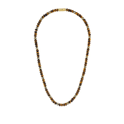 Bulova Men's Tiger's Eye & Pyrite Bead Necklace in 14K Yellow Gold Plated Sterling Silver front view