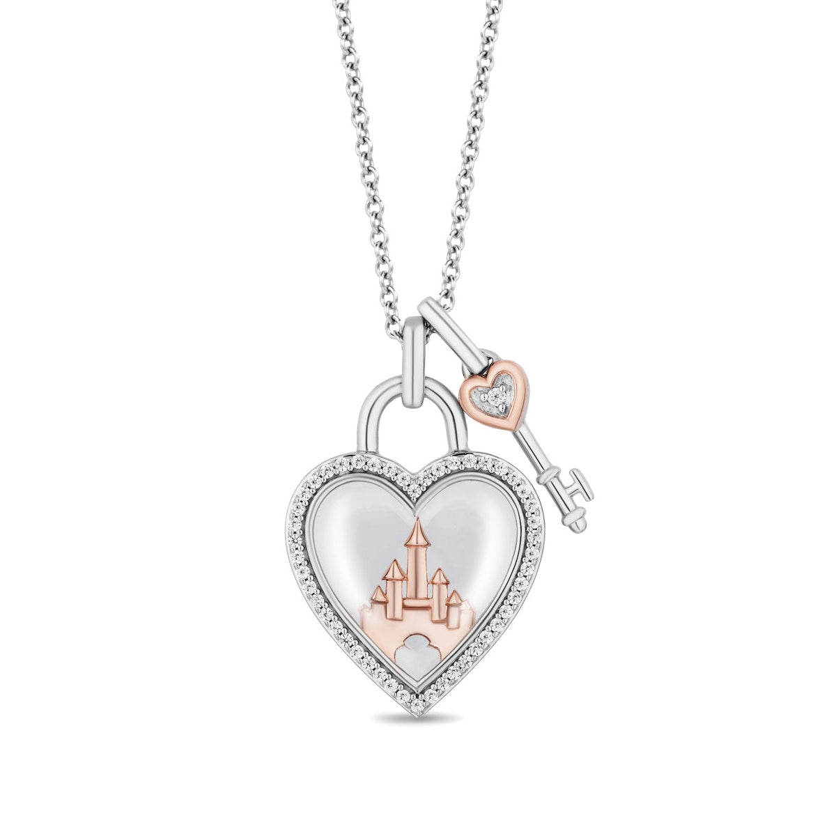 Enchanted Disney 1/6 ct. tw. Diamond 100th Anniversary Heart & Key Pendant with Quartz Lens in Sterling Silver & 10K Pink