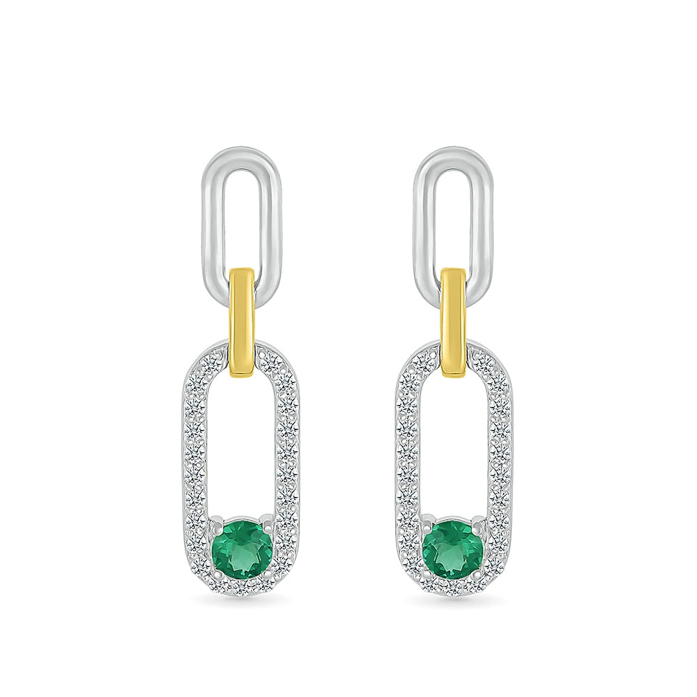 Created Round Emerald & White Sapphire Paperclip Drop Earrings in Sterling Silver & 10K Yellow Gold front view
