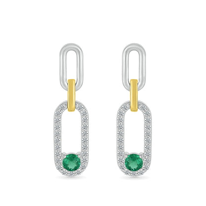 Created Round Emerald & White Sapphire Paperclip Drop Earrings in Sterling Silver & 10K Yellow Gold front view