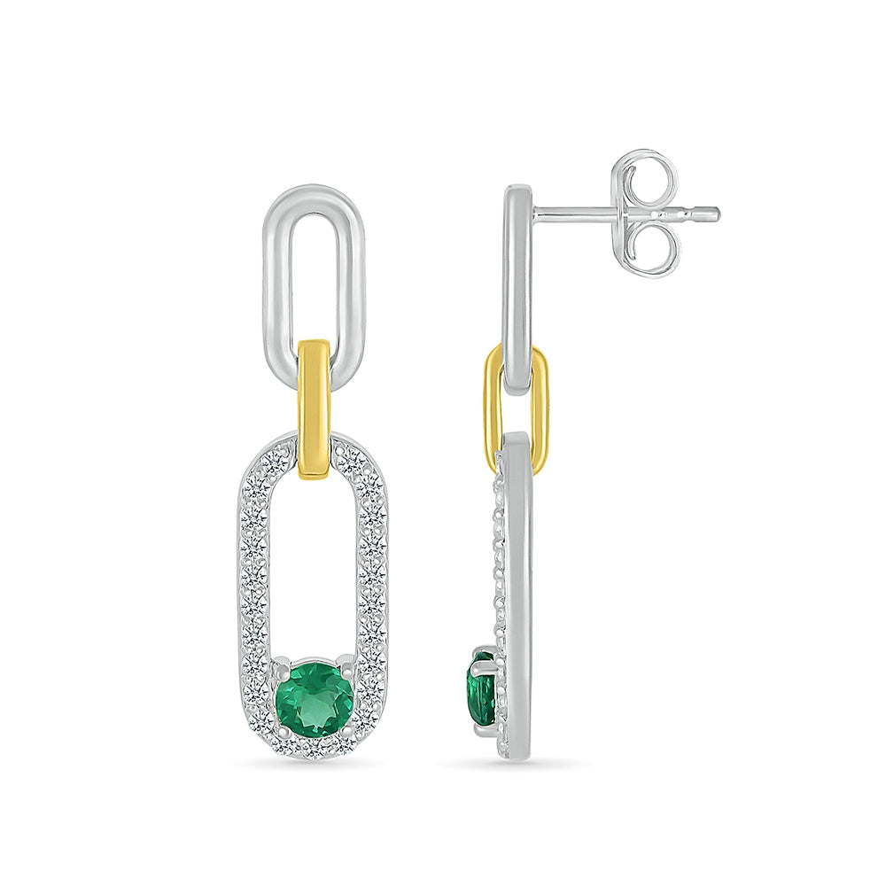 Created Round Emerald & White Sapphire Paperclip Drop Earrings in Sterling Silver & 10K Yellow Gold close-up detail