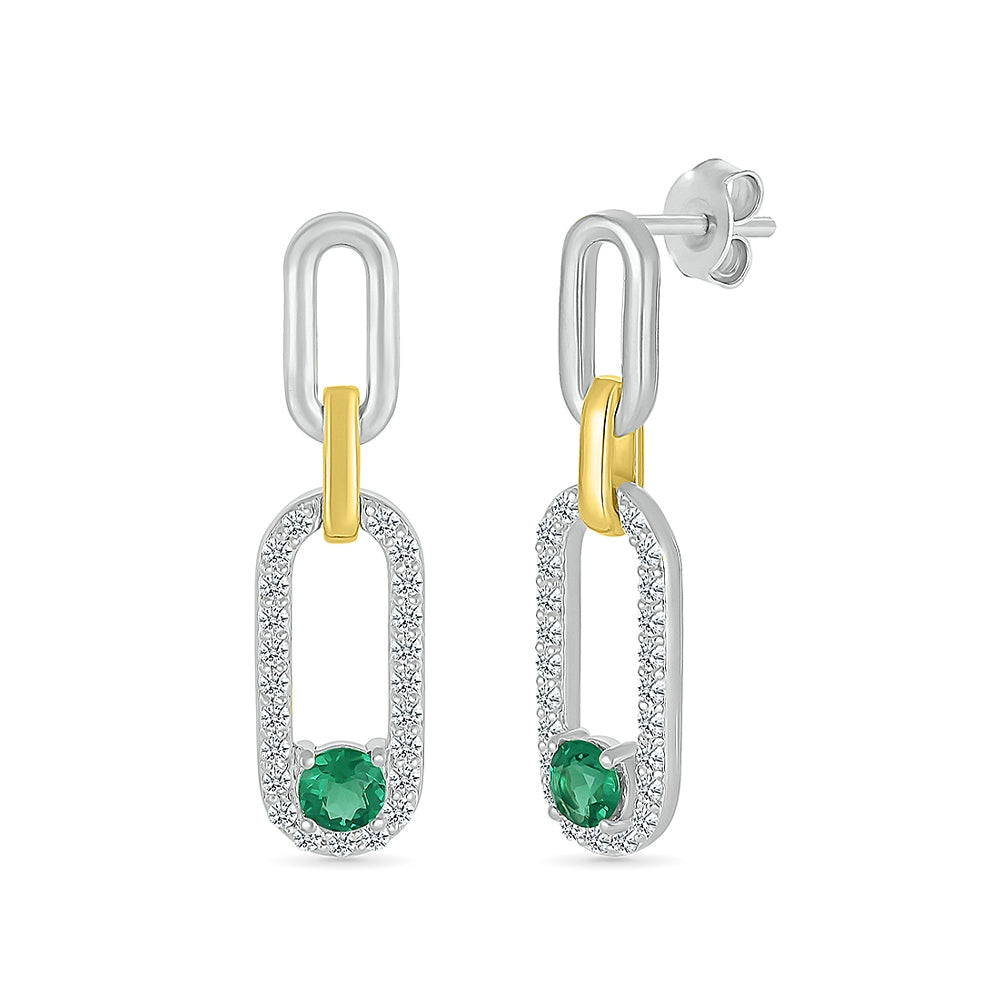 Created Round Emerald & White Sapphire Paperclip Drop Earrings in Sterling Silver & 10K Yellow Gold