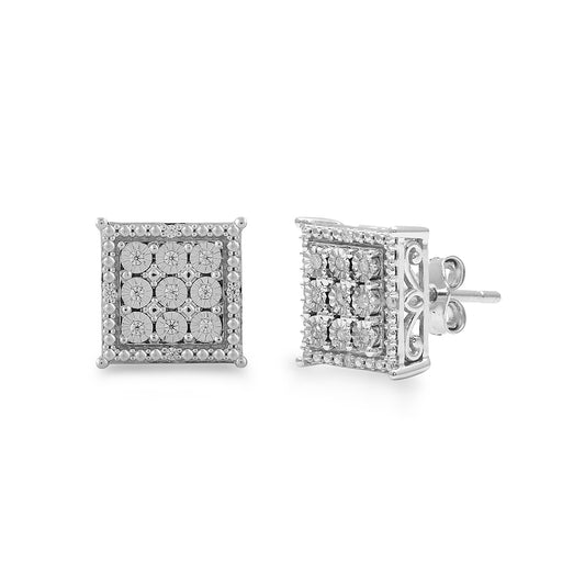 1/10 ct. tw. Diamond Square Cluster Earrings with Miracle Plates in Sterling Silver