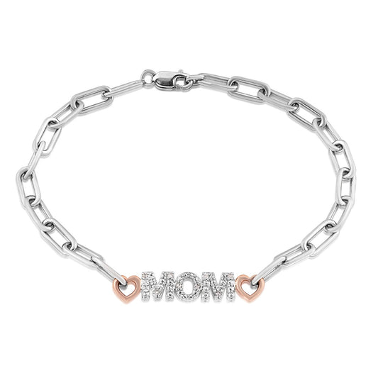 Diamond Accent Mom & Heart Paperclip Chain Bracelet in Sterling Silver & 10K Pink Gold