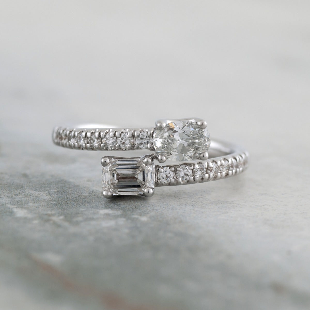 Adamante 1 ct. tw. Lab-Grown Oval & Emerald Cut Diamond Toi et Moi Bypass Ring in 14K White Gold close-up detail