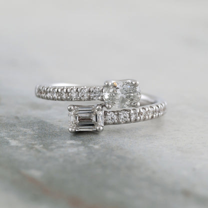 Adamante 1 ct. tw. Lab-Grown Oval & Emerald Cut Diamond Toi et Moi Bypass Ring in 14K White Gold close-up detail
