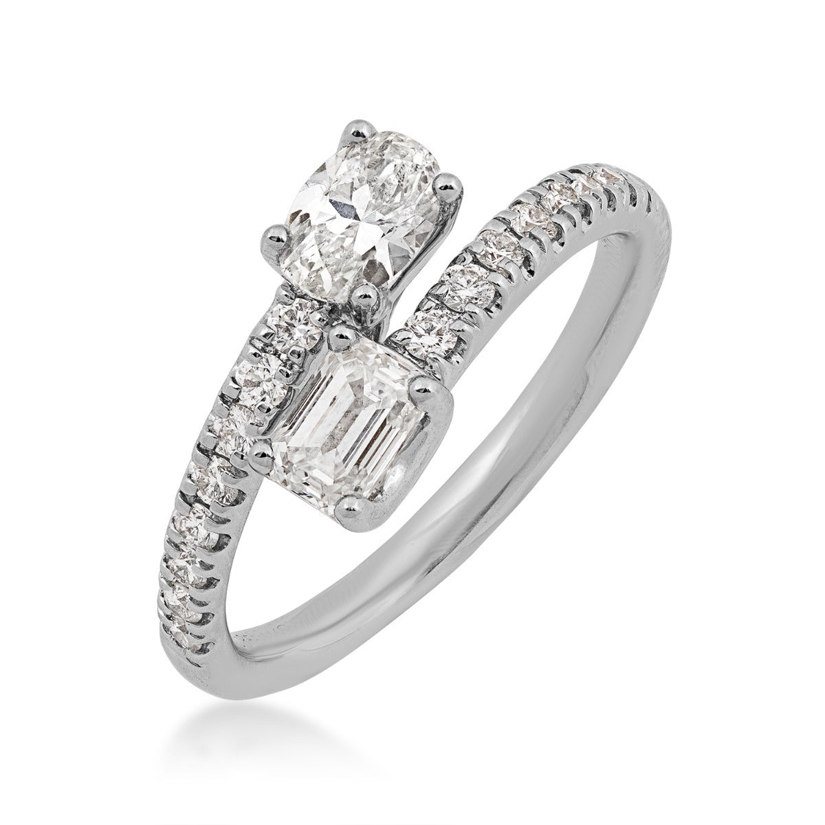 Adamante 1 ct. tw. Lab-Grown Oval & Emerald Cut Diamond Toi et Moi Bypass Ring in 14K White Gold front view