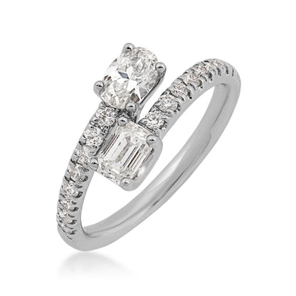 Adamante 1 ct. tw. Lab-Grown Oval & Emerald Cut Diamond Toi et Moi Bypass Ring in 14K White Gold front view