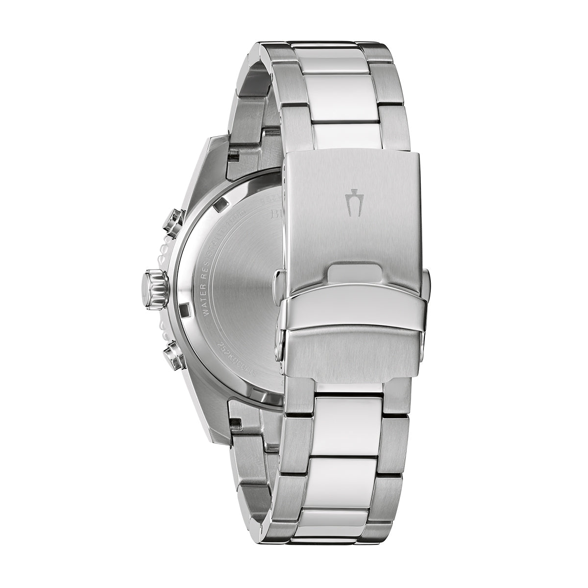 Bulova Men's Apollo Chronograph Quartz Stainless Steel Watch with Black Dial close-up detail