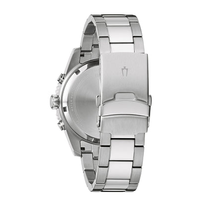 Bulova Men's Apollo Chronograph Quartz Stainless Steel Watch with Black Dial close-up detail