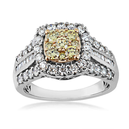 Love In Color 1-1/2 ct. tw. Natural Yellow & White Diamond Cluster Engagement Ring with Straight Baguette Accented Center