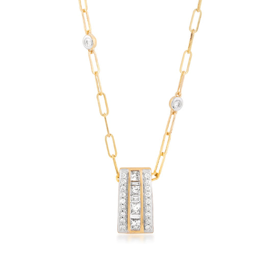 Kallati 7/8 ct. tw. Round & Baguette Diamond Station Vertical Bar Pendant in 14K Yellow Gold front view