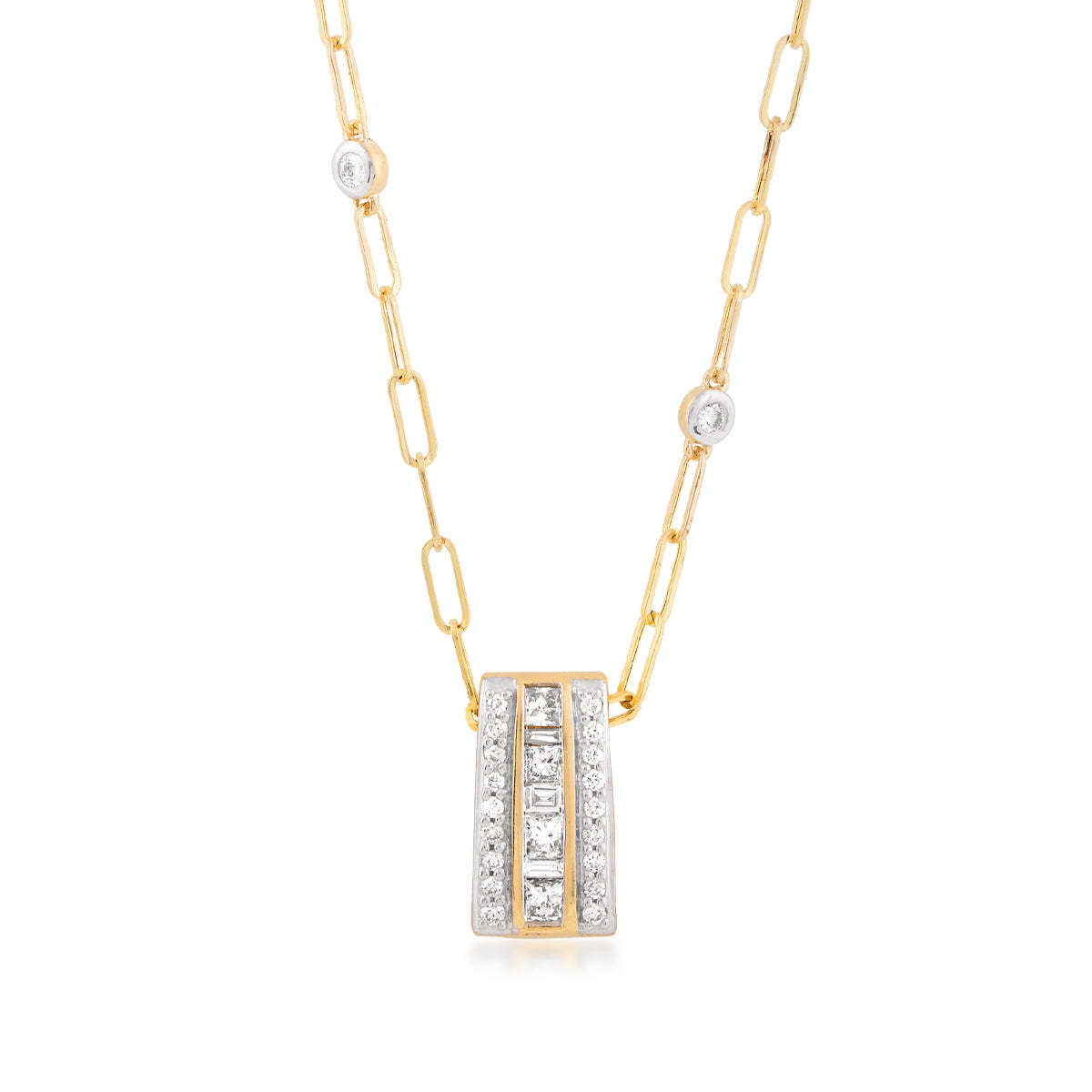 Kallati 7/8 ct. tw. Round & Baguette Diamond Station Vertical Bar Pendant in 14K Yellow Gold front view
