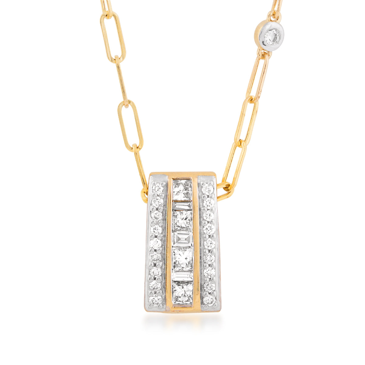 Kallati 7/8 ct. tw. Round & Baguette Diamond Station Vertical Bar Pendant in 14K Yellow Gold
