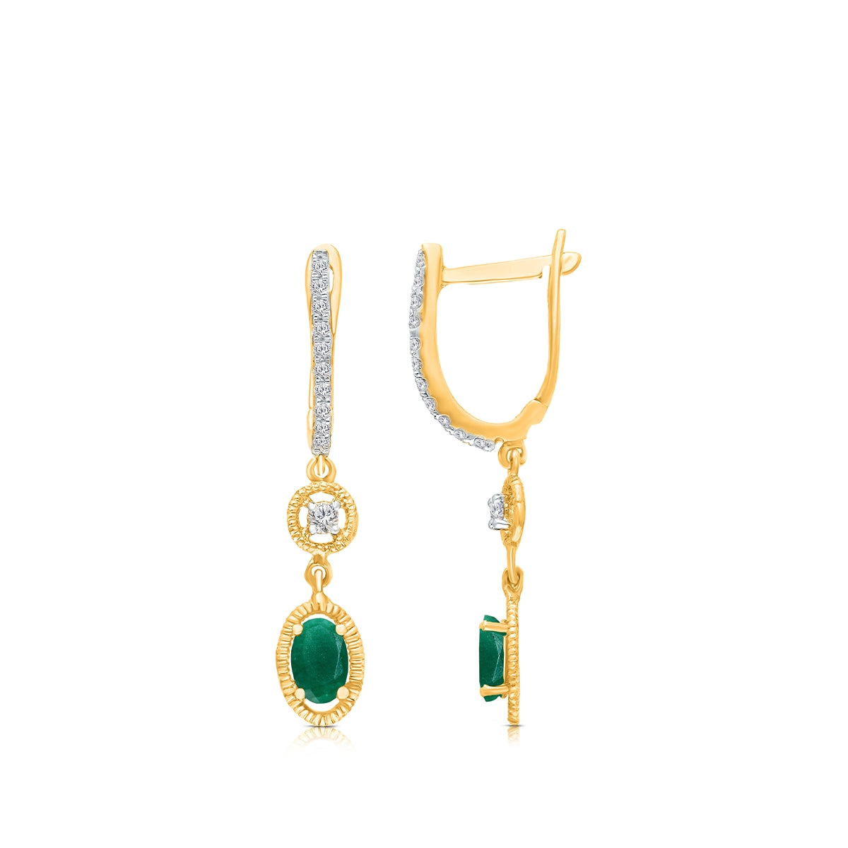 Kallati Oval Emerald & 1/5 ct. tw. Diamond Milgrain Dangle Earrings in 14K Yellow Gold