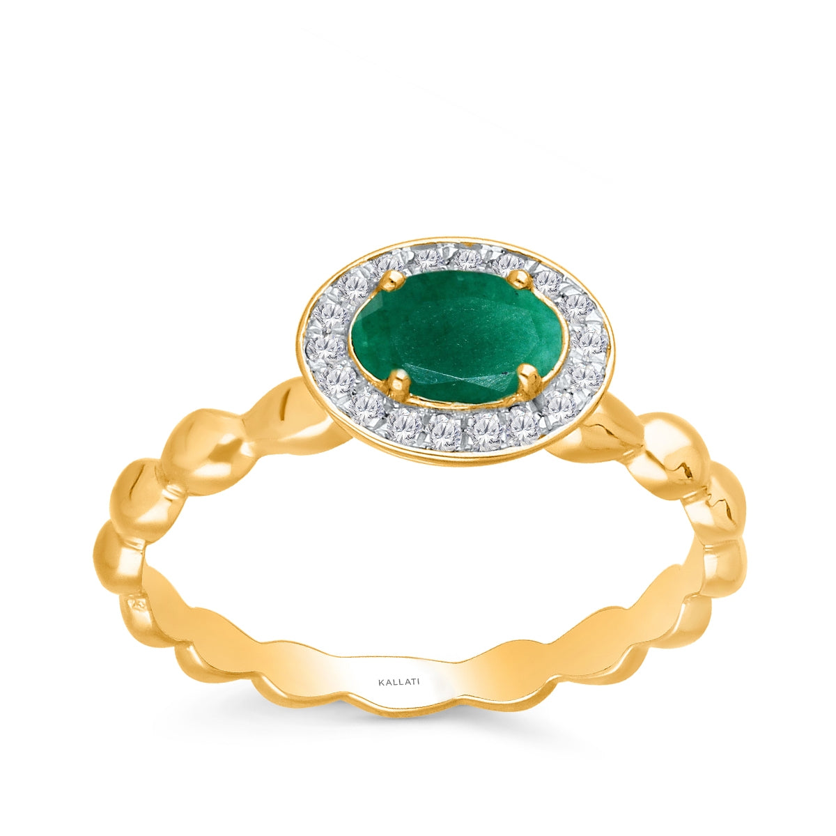 Kallati Oval Emerald & 1/10 ct. tw. Diamond Halo Scalloped Ring in 14K Yellow Gold