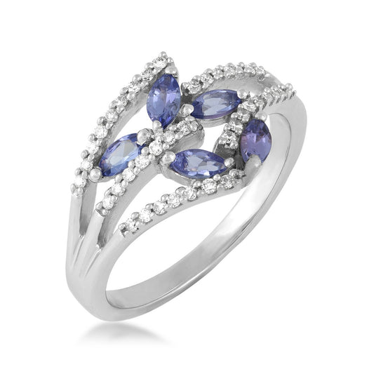 Kallati Marquise Tanzanite & 1/7 ct. tw. Diamond Bypass Ring in 14K White Gold front view