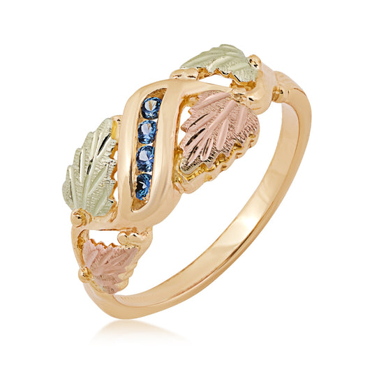 Black Hills Gold Round Yogo Sapphire Channel Set Grapevine & Leaf Ring in 10K Yellow Gold front view