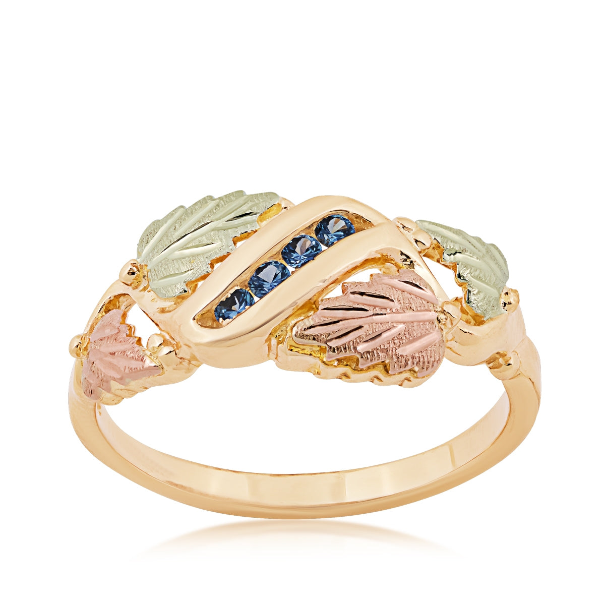 Black Hills Gold Round Yogo Sapphire Channel Set Grapevine & Leaf Ring in 10K Yellow Gold