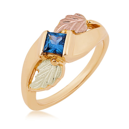 Black Hills Gold Princess Cut Yogo Sapphire Double Leaf Ring in 10K Yellow Gold front view