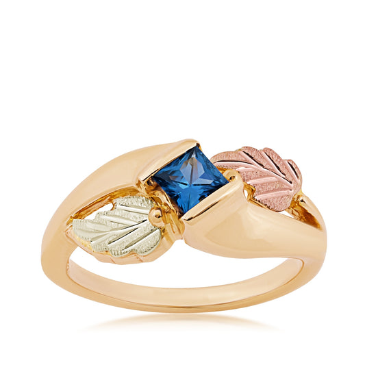 Black Hills Gold Princess Cut Yogo Sapphire Double Leaf Ring in 10K Yellow Gold
