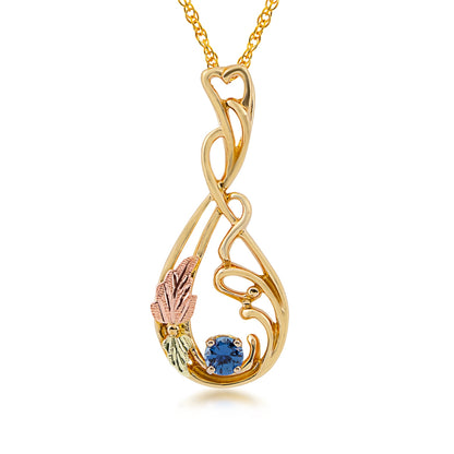Black Hills Gold Round Yogo Sapphire Vine & Leaf Teardrop Pendant in 10K Yellow Gold