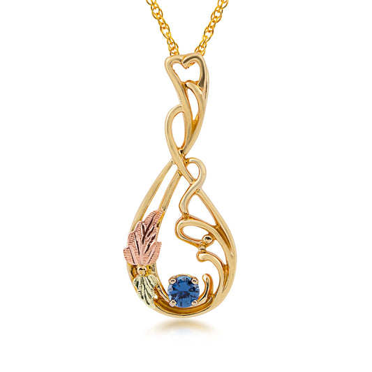 Black Hills Gold Round Yogo Sapphire Vine & Leaf Teardrop Pendant in 10K Yellow Gold