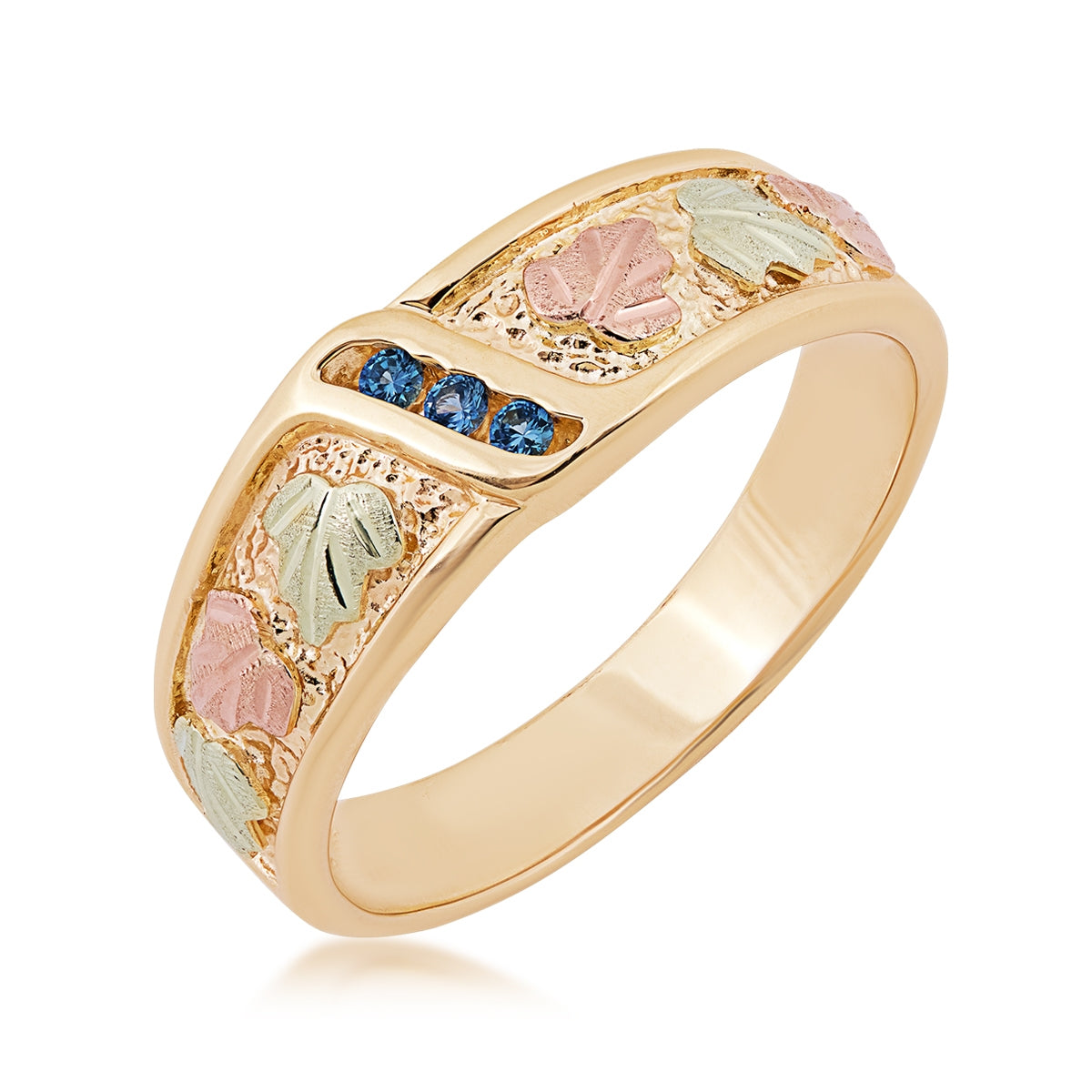 Black Hills Gold Men's Round 3-Stone Yogo Sapphire Channel Set Wedding Ring in 10K Yellow Gold front view