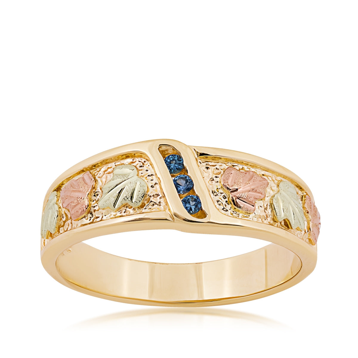 Black Hills Gold Men's Round 3-Stone Yogo Sapphire Channel Set Wedding Ring in 10K Yellow Gold