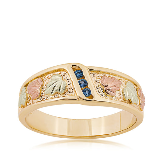 Black Hills Gold Men's Round 3-Stone Yogo Sapphire Channel Set Wedding Ring in 10K Yellow Gold