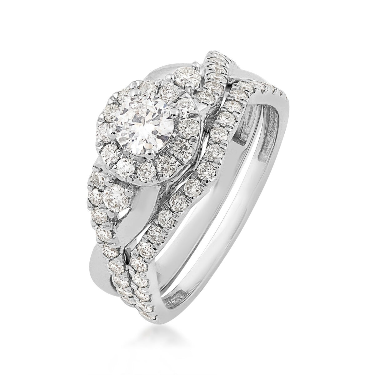 Natural 1 ct. tw. Round Brilliant Diamond Halo Twist Wedding Set in 14K White Gold front view
