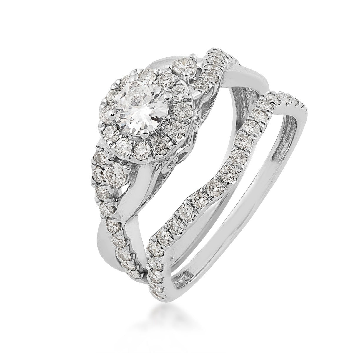 Natural 1 ct. tw. Round Brilliant Diamond Halo Twist Wedding Set in 14K White Gold close-up detail