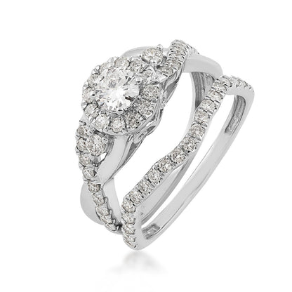 Natural 1 ct. tw. Round Brilliant Diamond Halo Twist Wedding Set in 14K White Gold close-up detail