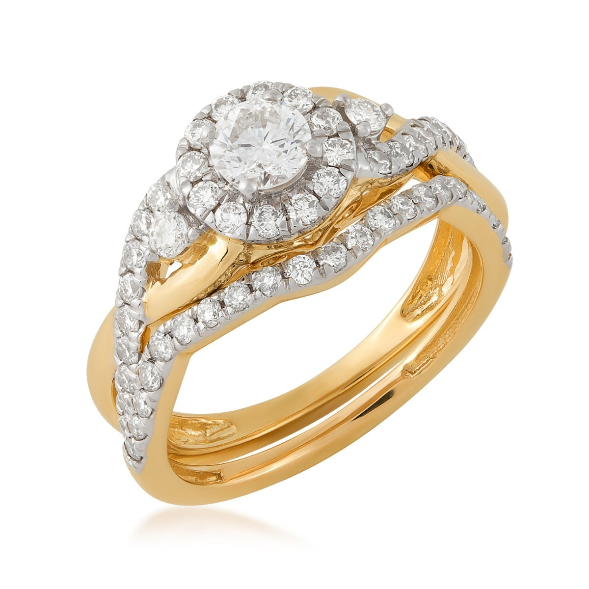 Natural 1 ct. tw. Round Brilliant Diamond Halo Twist Wedding Set in 14K Yellow Gold with Rhodium Plating front view