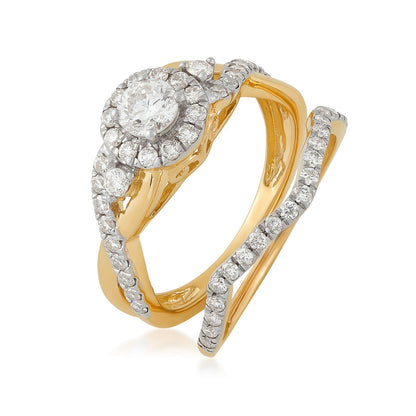 Natural 1 ct. tw. Round Brilliant Diamond Halo Twist Wedding Set in 14K Yellow Gold with Rhodium Plating close-up detail