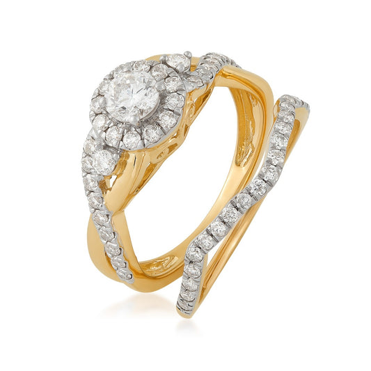 Natural 1 ct. tw. Round Brilliant Diamond Halo Twist Wedding Set in 14K Yellow Gold with Rhodium Plating close-up detail