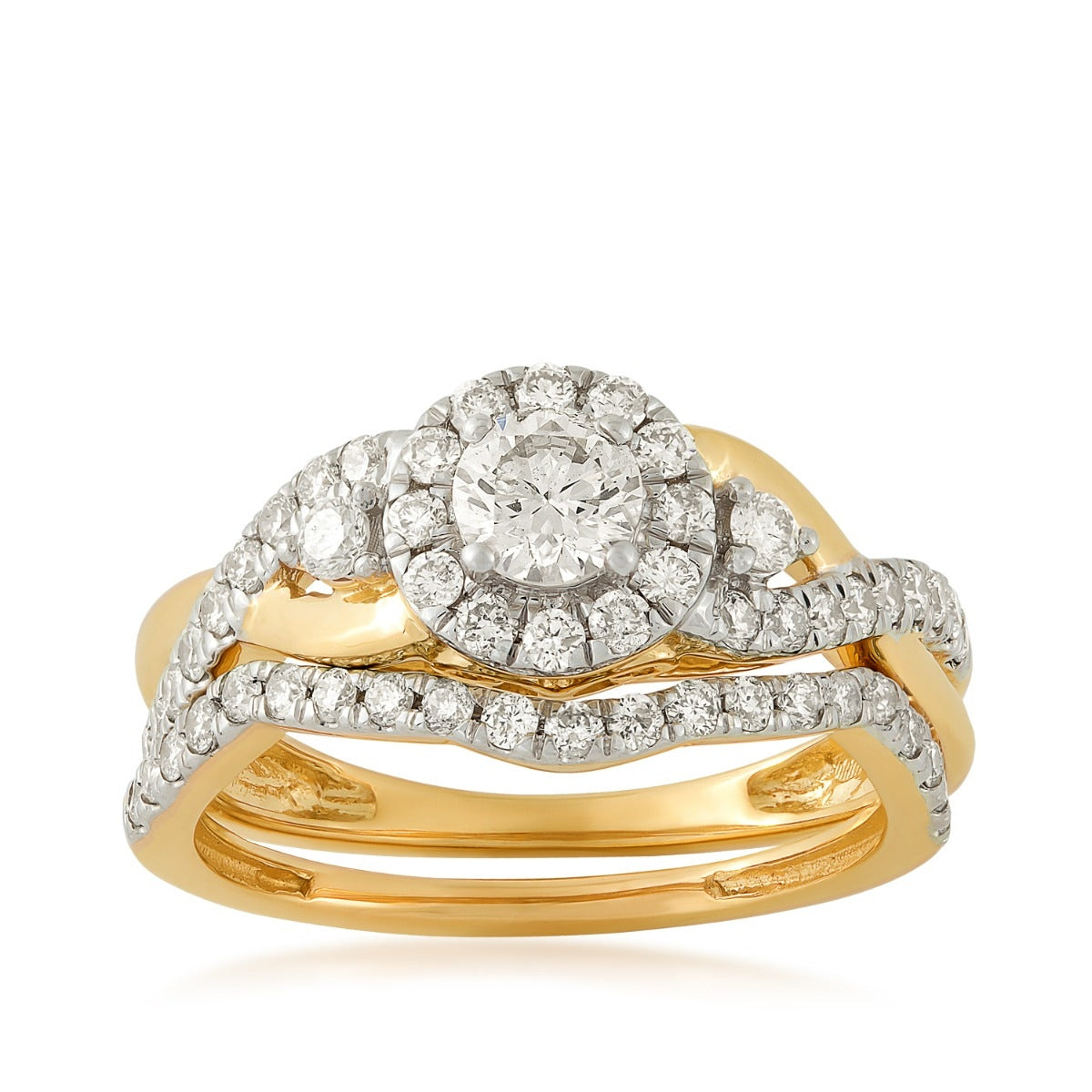 Natural 1 ct. tw. Round Brilliant Diamond Halo Twist Wedding Set in 14K Yellow Gold with Rhodium Plating