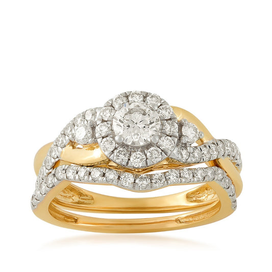 Natural 1 ct. tw. Round Brilliant Diamond Halo Twist Wedding Set in 14K Yellow Gold with Rhodium Plating
