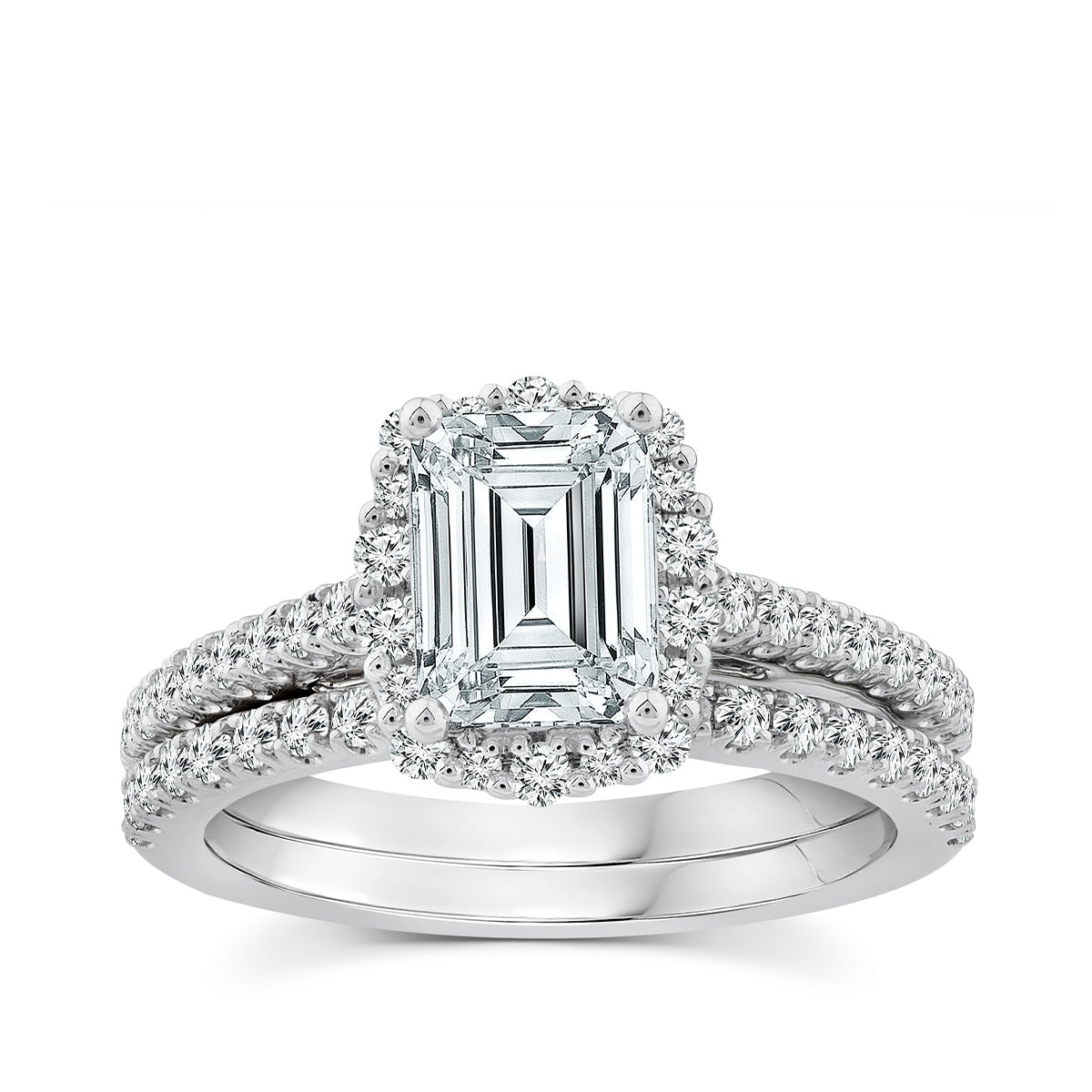 Adamante 2-1/4 ct. tw. Lab-Grown Emerald Cut Diamond Halo Wedding Set in 14K White Gold