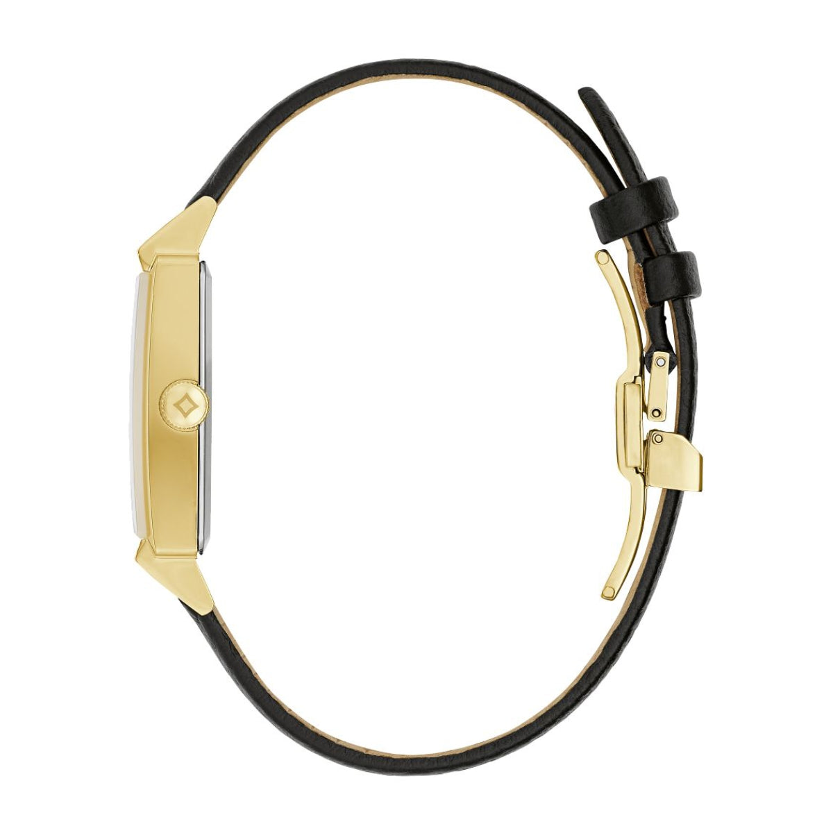 Bulova Men's Dana-Thomas House Quartz Gold-Tone Stainless Steel Watch with Black Dial & Leather Strap front view