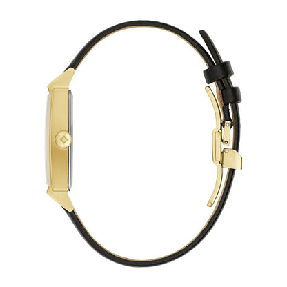 Bulova Men's Dana-Thomas House Quartz Gold-Tone Stainless Steel Watch with Black Dial & Leather Strap front view
