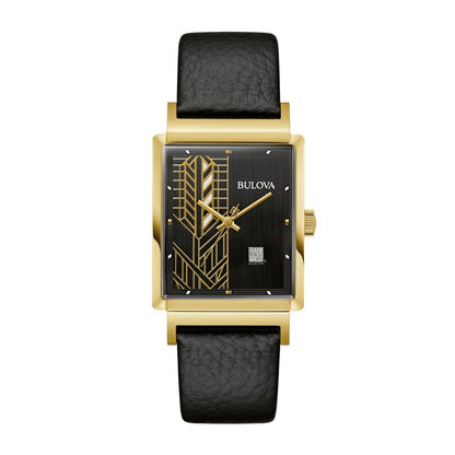 Bulova Men's Dana-Thomas House Quartz Gold-Tone Stainless Steel Watch with Black Dial & Leather Strap