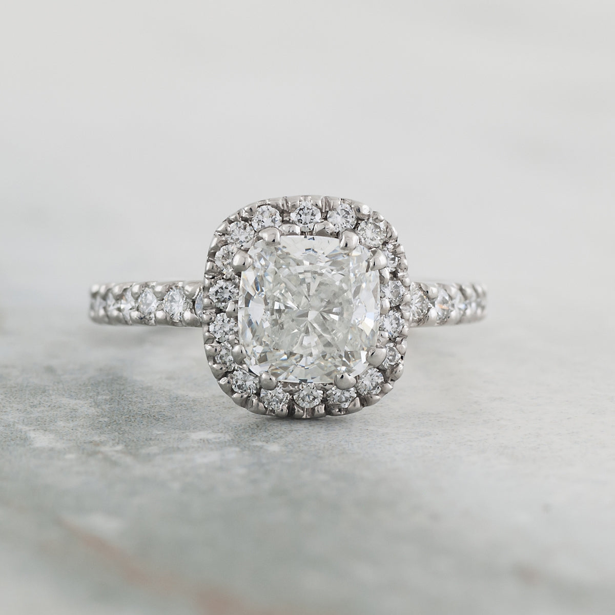 Amaura 3-1/7 ct. tw. Cushion Diamond Halo Engagement Ring in Platinum close-up detail